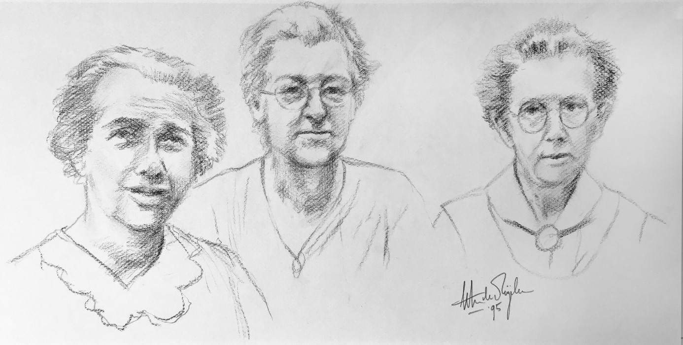 Portret van drie dappere dames, getekend door Peter de Rijcke, 1995.