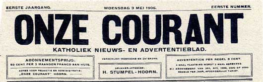 Kop van het eerste nummer van 'Onze Courant', d.d. 3 mei 1905.