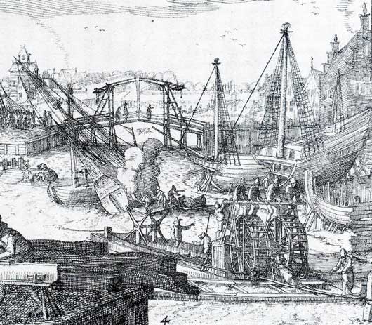 Scheepshelling met een schip dat in twee stukken is verdeeld om te verlengen, Claes Jansz. Visscher, 1608.